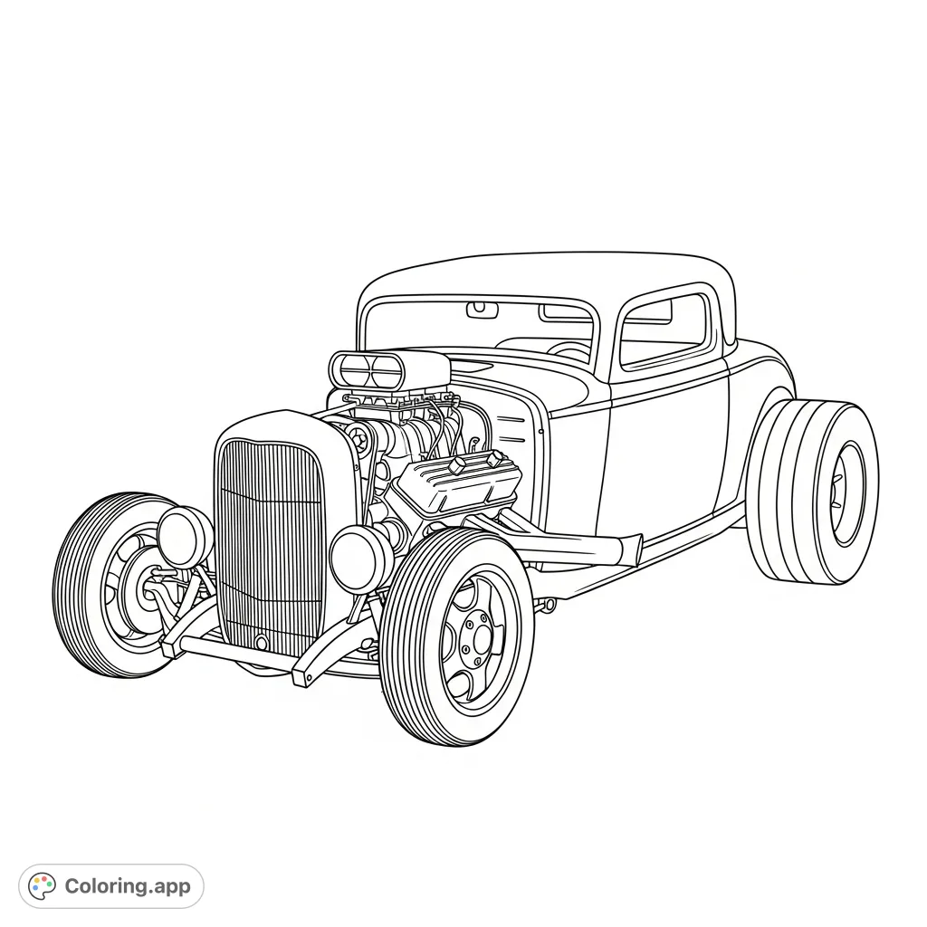 Color a powerful classic hot rod coupe featuring a chopped roof, exposed engine, and large rear tires. Perfect for car enthusiasts and creative minds.