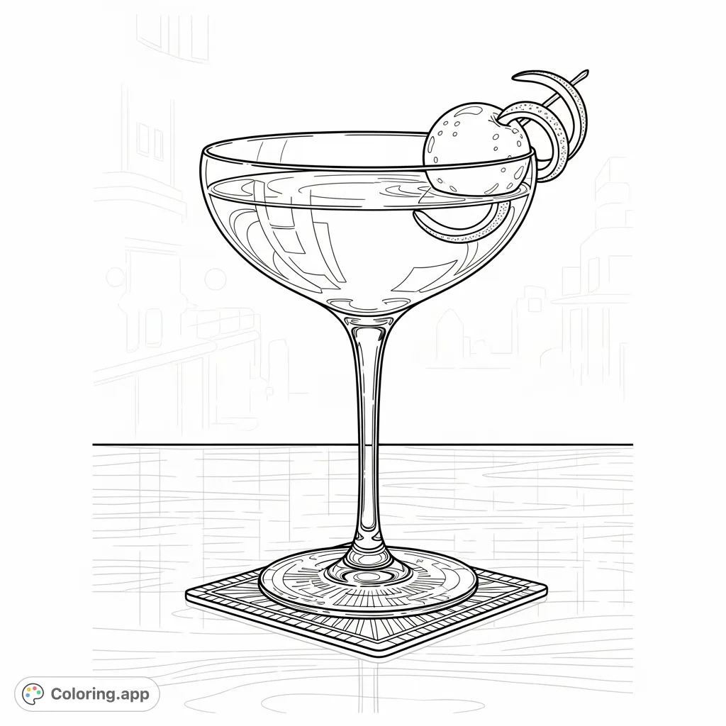 An elegant New York cocktail, garnished with a cherry or citrus, rests on a polished wood bar, reflecting city lights. A sophisticated coloring page for adults.