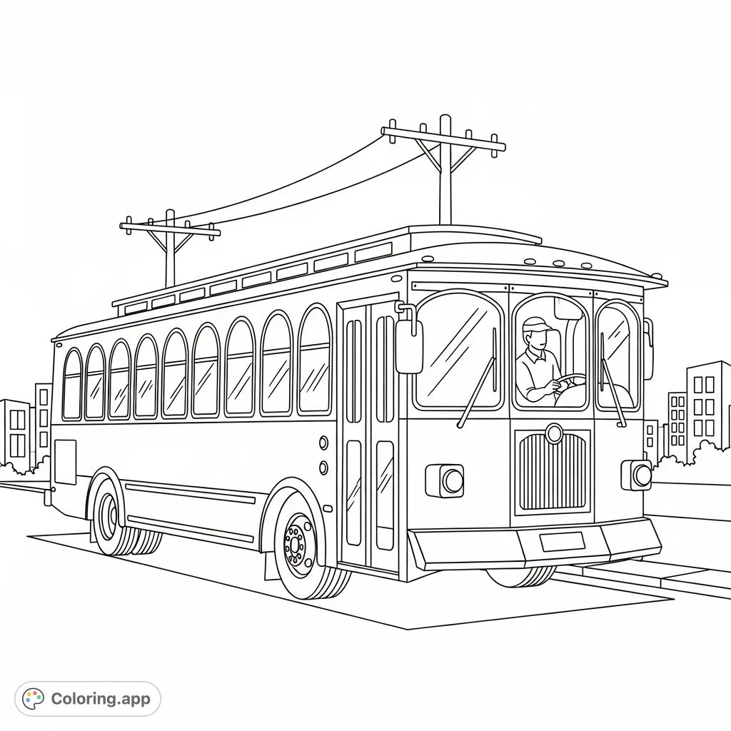 A charming trolley-style bus with rounded windows and simplified rooftop electrical poles, set on a city street, ready for a creative coloring adventure.