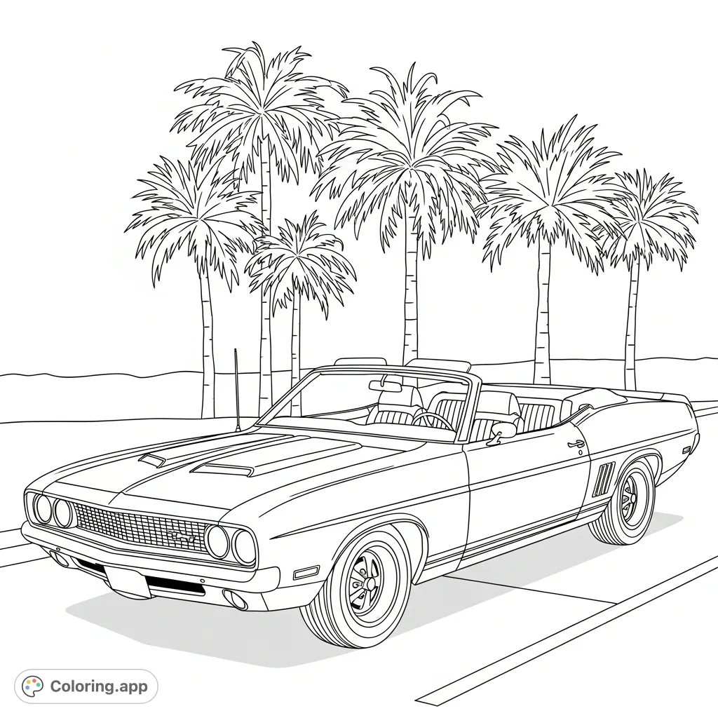 A classic convertible muscle car with its top down, showcasing bold lines, parked next to tall palm trees under an open sky. Perfect for car enthusiasts!