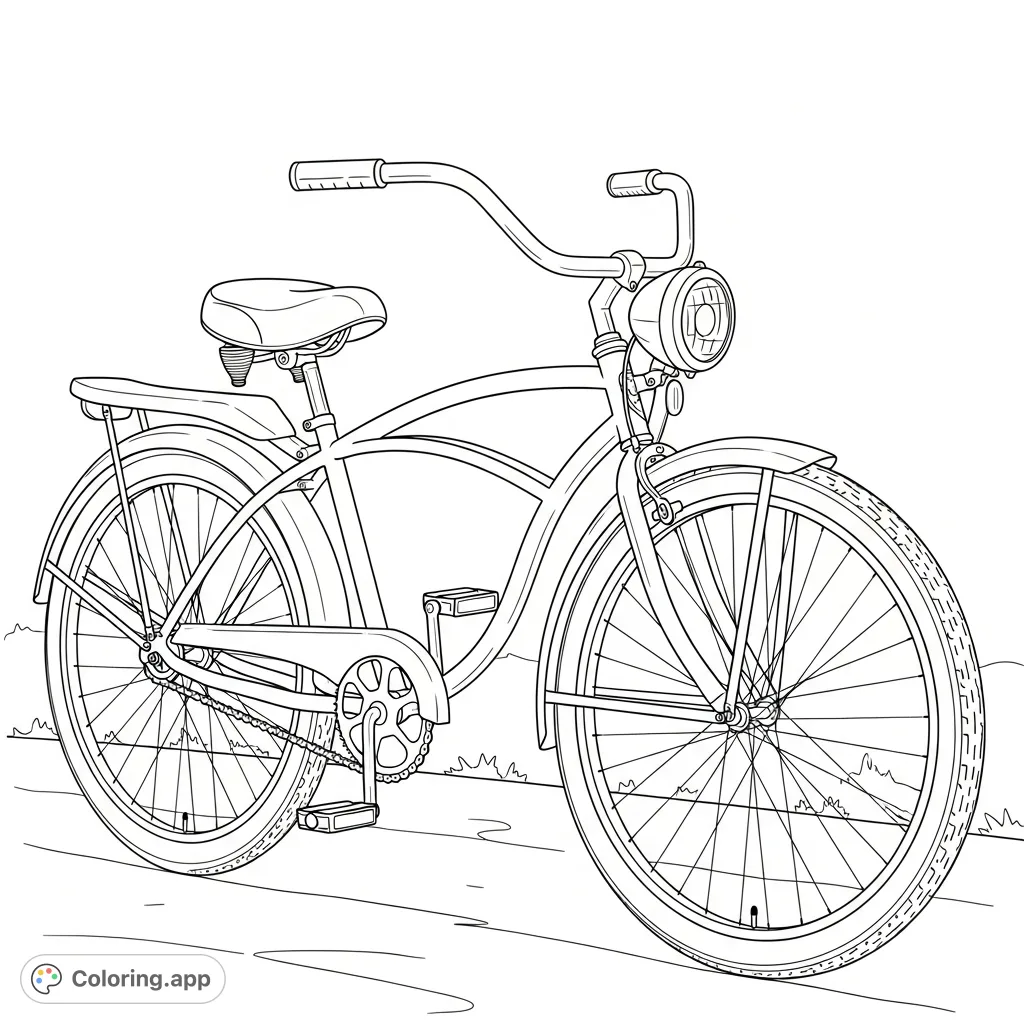 Embark on a nostalgic ride with this classic cruiser bike coloring page. Featuring spoked wheels, a large headlight, and a comfy seat, perfect for all ages.