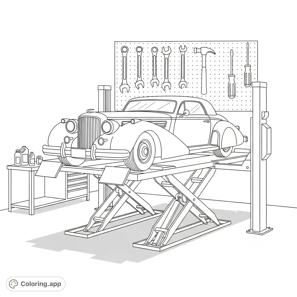 Dive into a detailed garage scene featuring a classic cruiser on a maintenance lift. Perfect for enthusiasts to personalize with their favorite automotive flair.