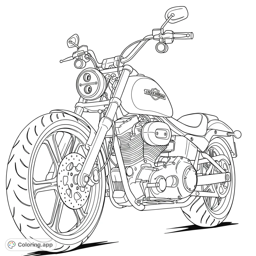 Detailed black and white line drawing of a classic cruiser motorcycle, perfect for vehicle enthusiasts. Features intricate engine details and bold wheels.