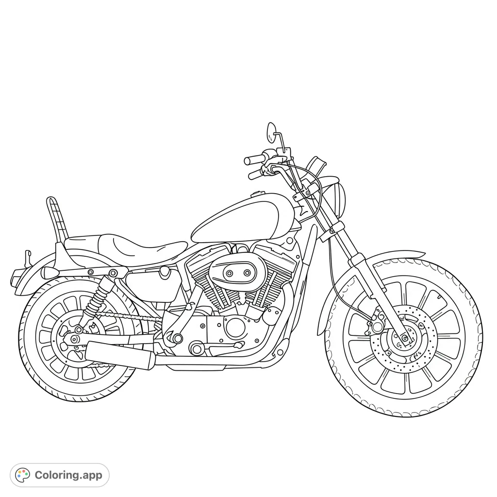 Detailed classic motorcycle line art, perfect for vehicle enthusiasts. A free printable motorcycle coloring page for kids and adults.
