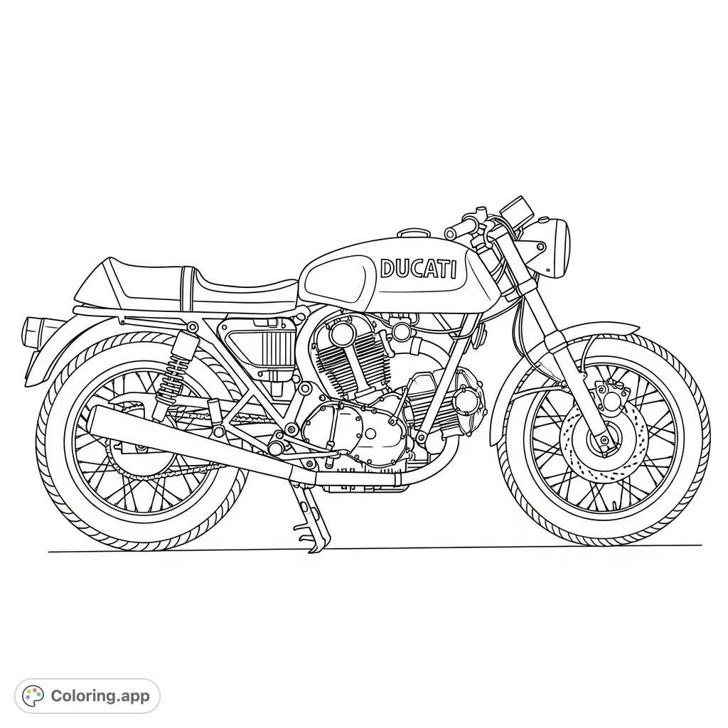 A classic Ducati motorcycle silhouette with its iconic twin-engine and intricately emphasized trellis frame. Perfect for enthusiasts and detailed coloring.