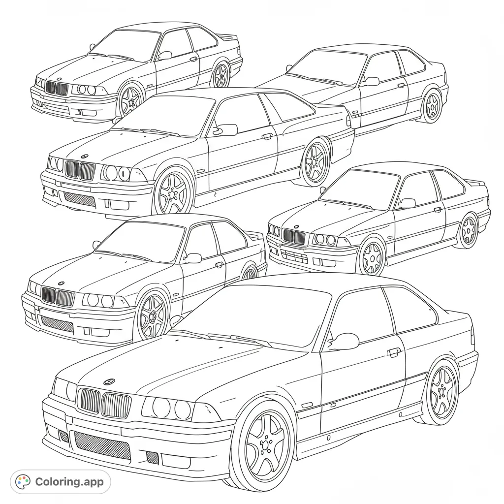 Color five iconic BMW E36 coupes in this detailed classic car coloring page. A free printable design for automotive enthusiasts and kids.