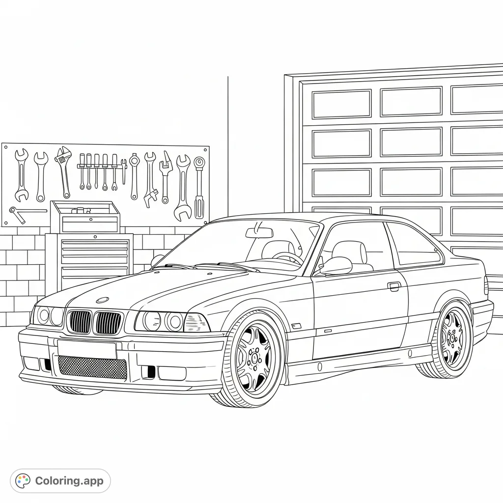 Color a detailed classic E36 M3 coupe parked beside a garage door, with simplified mechanic's tools in the background. Perfect for car enthusiasts.