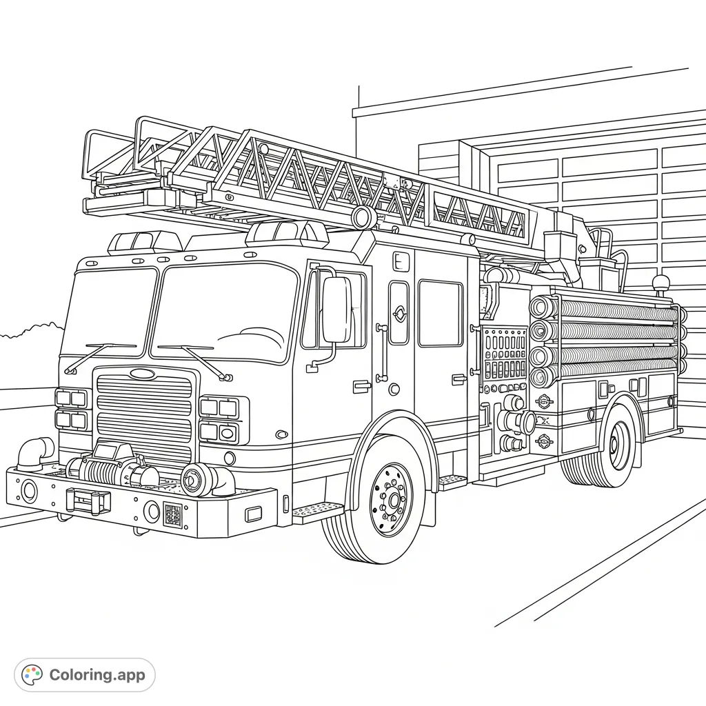 A detailed coloring page featuring a classic fire truck parked at a fire station, complete with coiled hoses, a ladder, and emergency lights, ready for action.