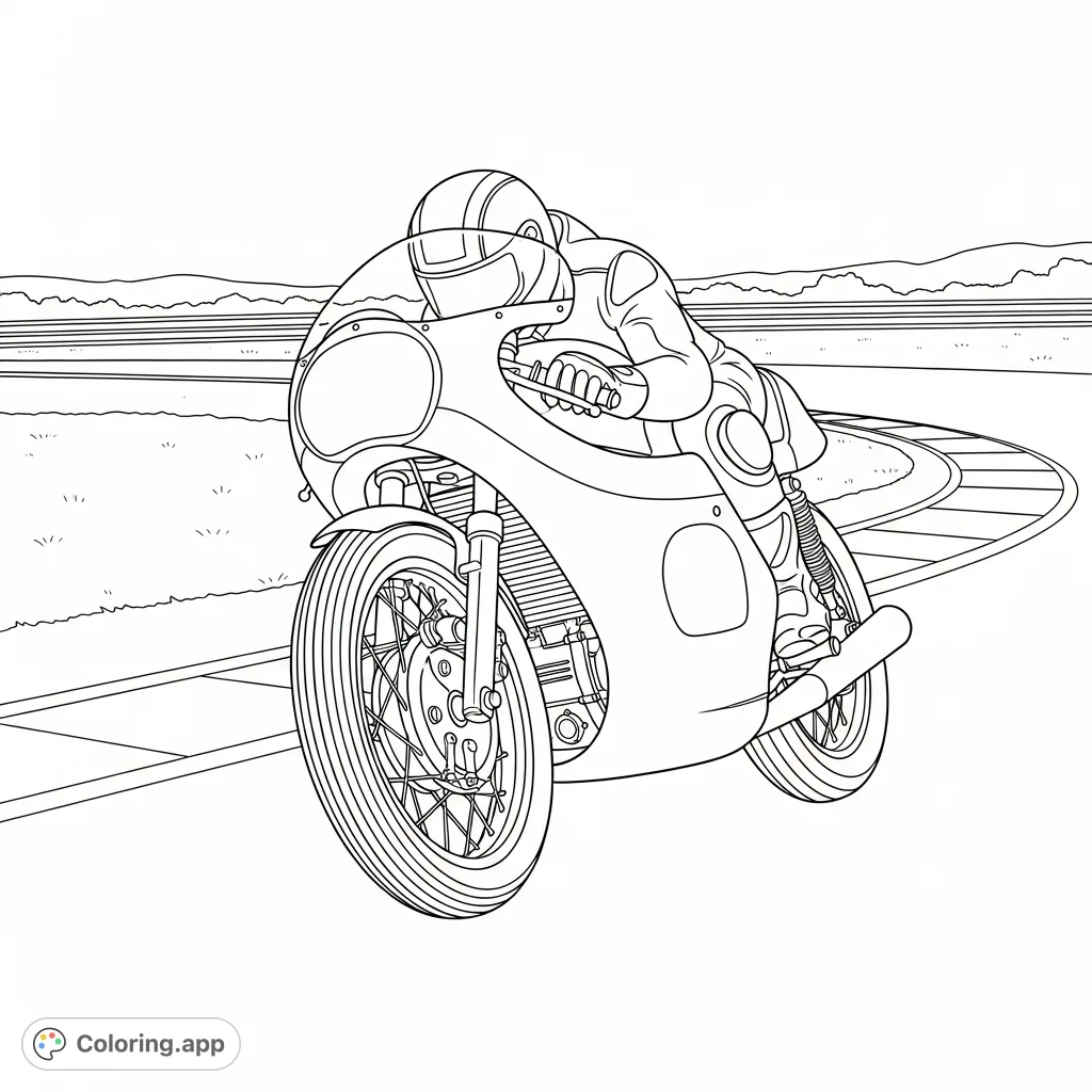 Color a classic GP-style race motorcycle in action, with a prominent number plate and a minimal racetrack background, perfect for racing enthusiasts.