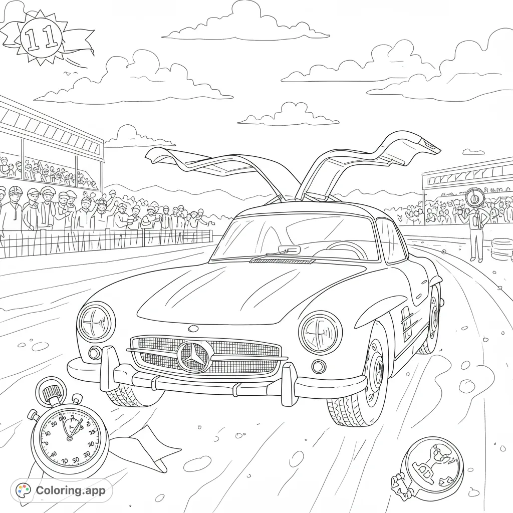 A thrilling classic car race scene featuring a Mercedes-Benz Gullwing with open doors, cheering crowds, and race track action. Perfect for car enthusiasts!