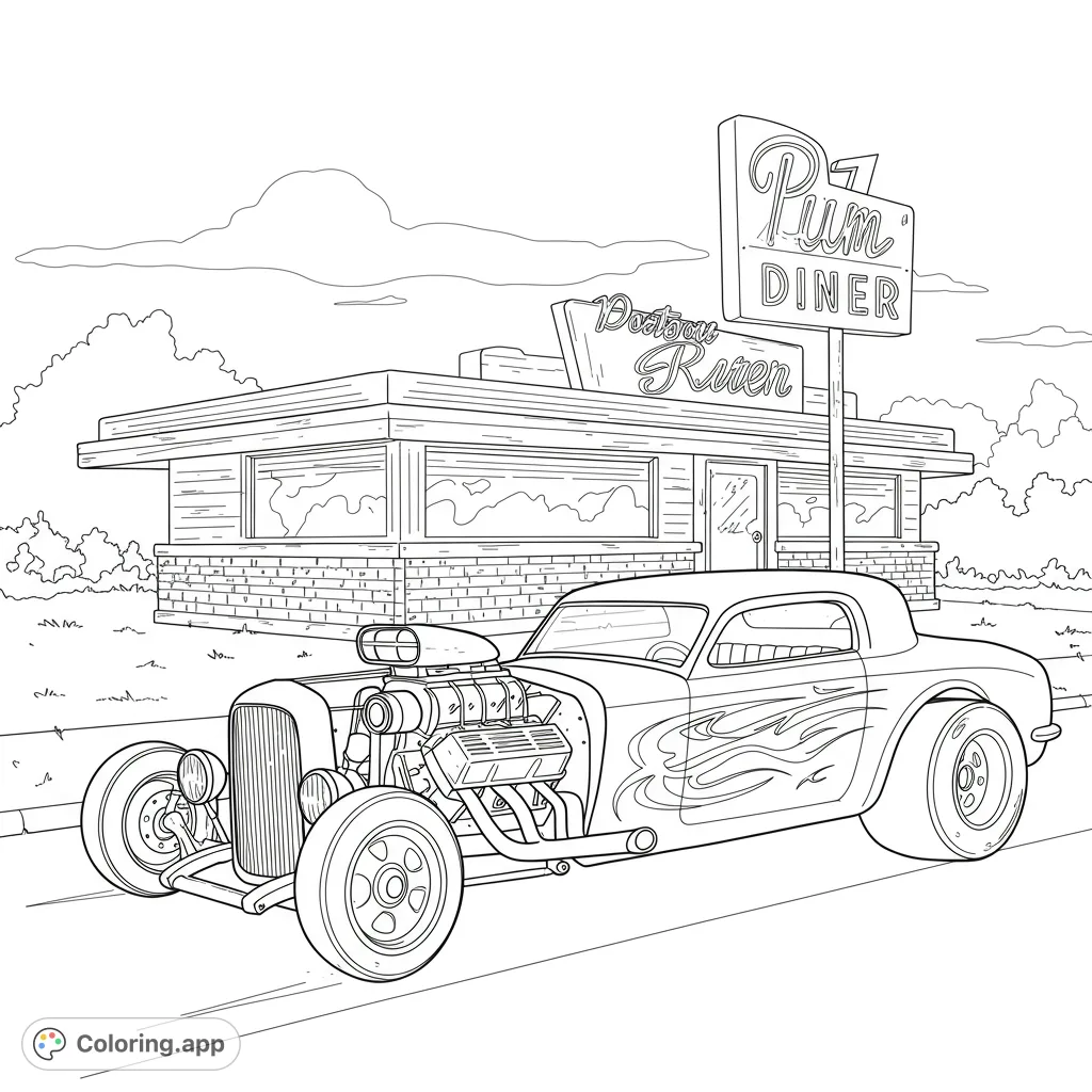 Rev up your creativity with this classic hot rod coloring page! Features a detailed vintage car in front of a retro diner, perfect for all ages.