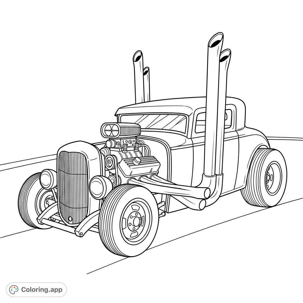 A bold hot rod coloring page featuring large zoomie exhaust pipes, simplified engine details, and prominent wheels. Perfect for car enthusiasts.
