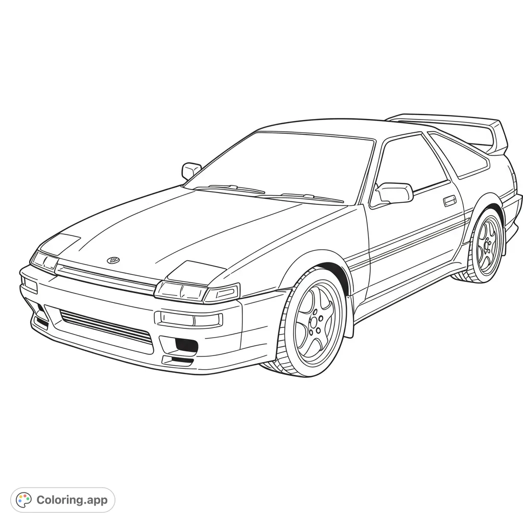 Detailed classic Japanese sports car coloring page, perfect for car enthusiasts. Features sleek lines, pop-up headlights, and a rear spoiler.