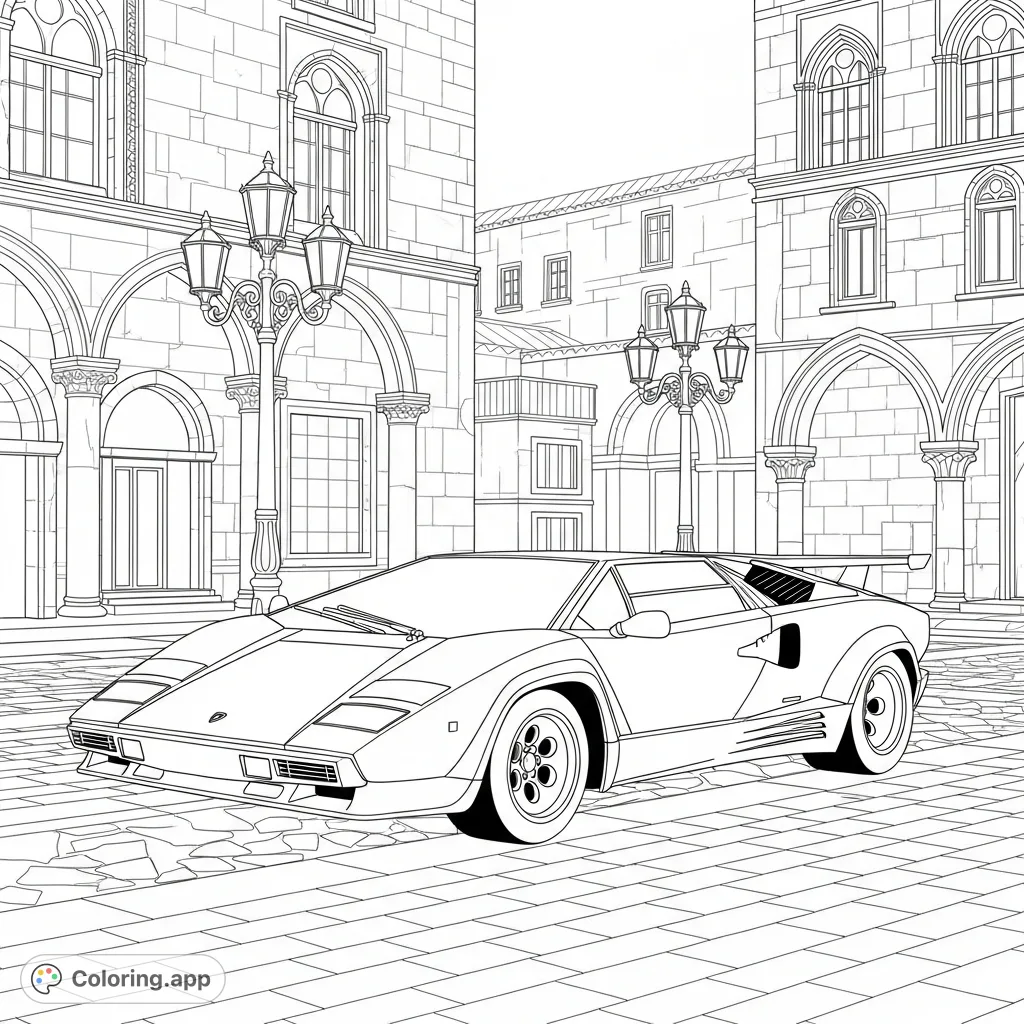 Color a classic Lamborghini Countach parked on a charming cobblestone plaza in an old European town, contrasting sharp car lines with intricate historic architecture.