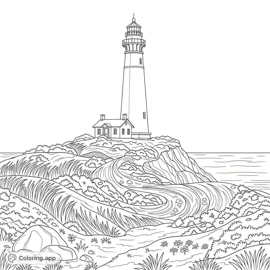 A detailed coloring page depicting a classic lighthouse towering on a rugged bluff, surrounded by wind-swept coastal flora and overlooking a tranquil sea.