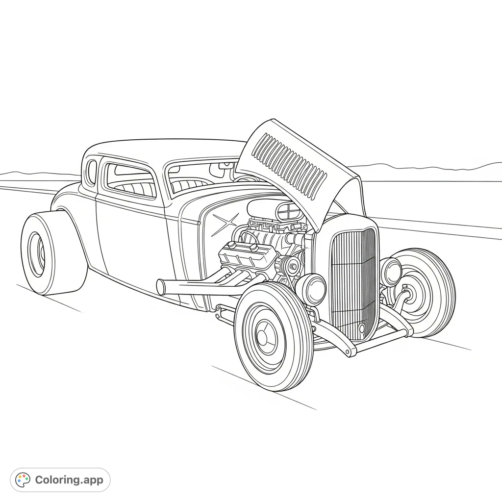 Experience the thrill of coloring a classic long-nose hot rod with an open engine bay. Clean, simple mechanical shapes invite detailed shading.