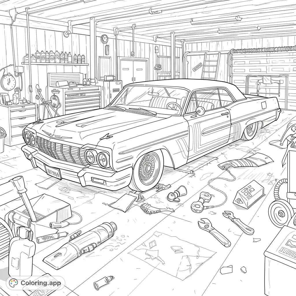 A detailed classic lowrider car in a cluttered garage, perfect for automotive enthusiasts. Free printable classic car coloring page for all ages.