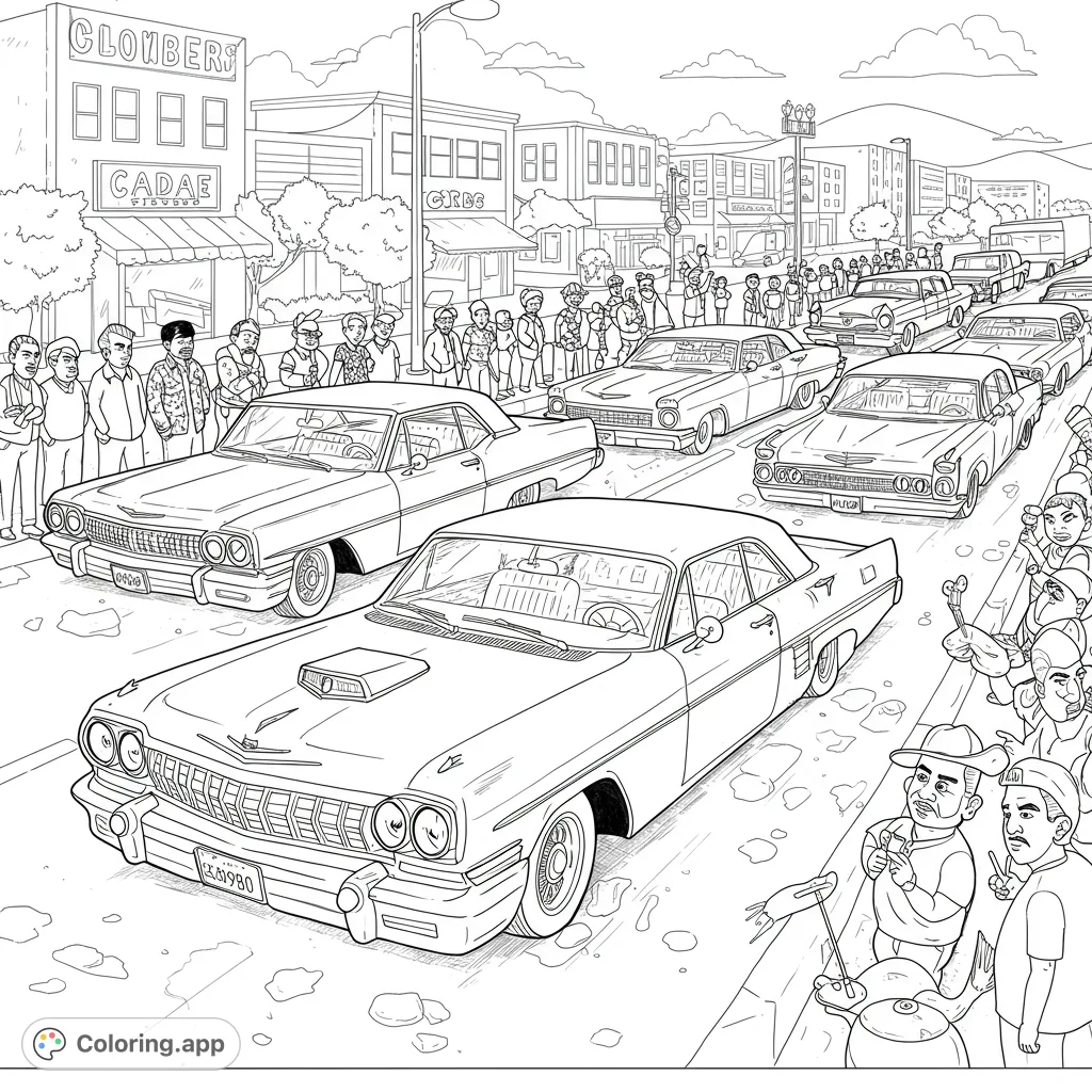 Experience a vibrant lowrider parade coloring page featuring classic cars cruising down a bustling street lined with cheering crowds and detailed city buildings.