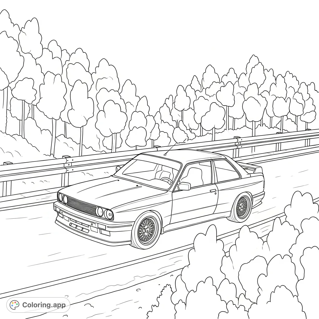 An iconic E30 M3 speeds up a winding hill climb, detailed with its racing features against a backdrop of simplified trees and a guardrail.