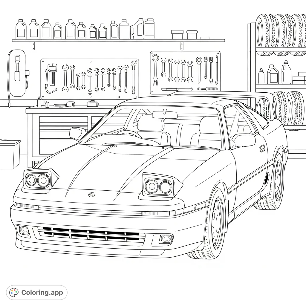 Color an iconic MK3 Supra parked in a detailed garage setting, complete with simplified tools and shelving. Perfect for car enthusiasts and detail-oriented colorists.