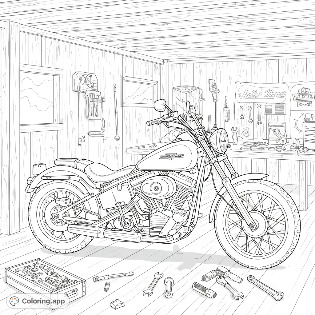 Detailed classic motorcycle in a rustic workshop, surrounded by tools and wooden textures. A free printable coloring page for enthusiasts.