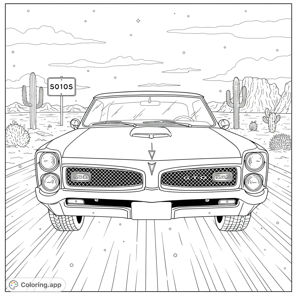A classic muscle car speeds through a desert landscape with cacti and mountains. A free printable vintage car coloring page for all ages.