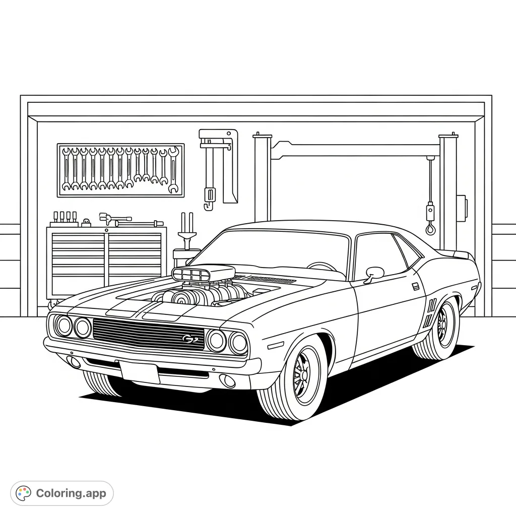 Color a powerful muscle car parked in a detailed garage bay, surrounded by simplified mechanic's tools. Perfect for vehicle enthusiasts!