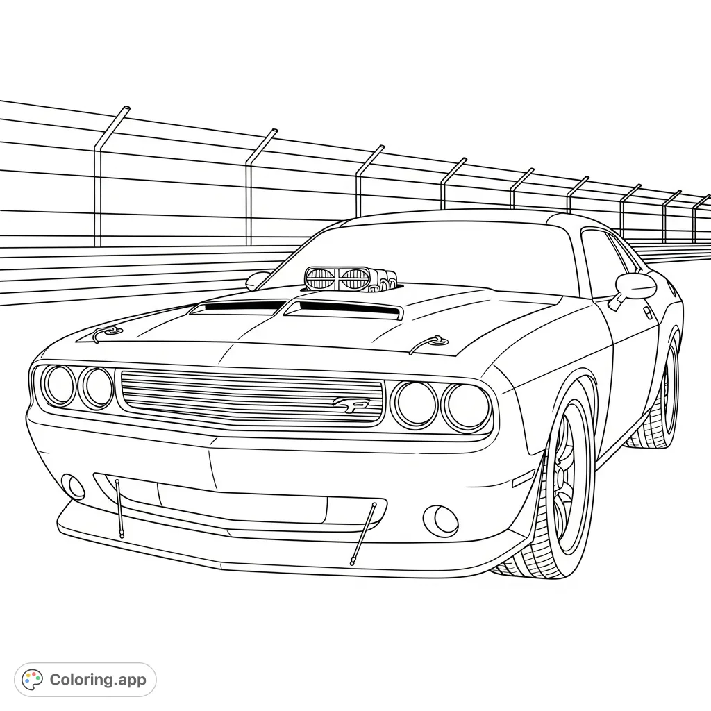 A dynamic coloring page featuring a powerful muscle car with distinctive hood pins and a front air dam, set against a simplified racetrack fence backdrop.