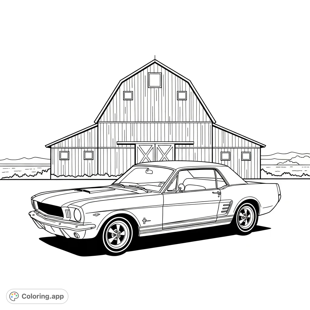 Color a striking 1960s Mustang-style car silhouette with iconic side scoops, parked before a rustic barn silhouette, creating a nostalgic rural scene.
