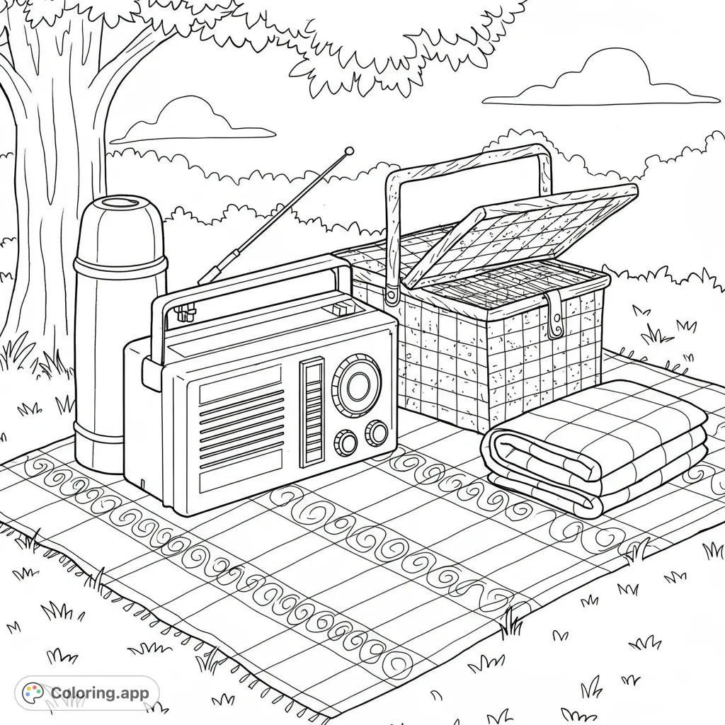Enjoy a delightful picnic scene featuring a vintage radio, open basket, thermos, and blanket under a tree. Perfect for a relaxing coloring experience!