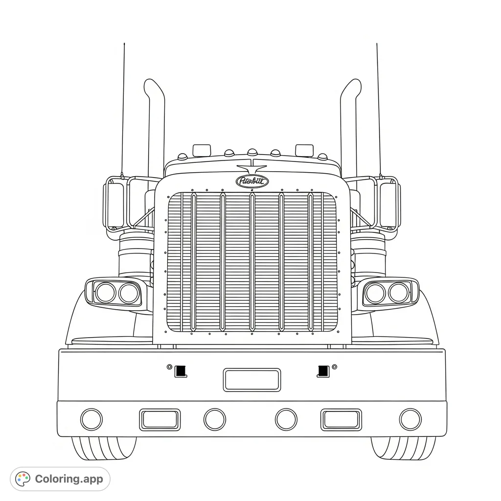 Unleash your creativity with this detailed Peterbilt truck coloring page, featuring its iconic grille, headlights, and towering exhaust stacks.