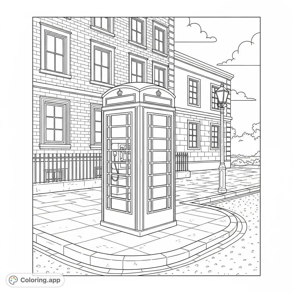 A charming coloring page featuring a classic phone booth on a detailed street corner, surrounded by urban architecture and a traditional streetlamp.