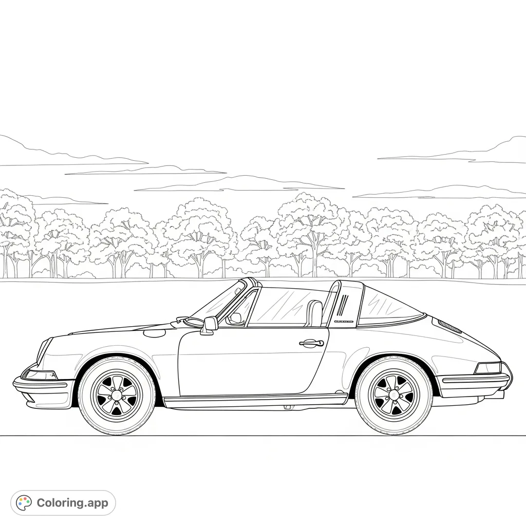 Color a detailed classic Porsche Targa in side profile, featuring its iconic roofline against a backdrop of trees and an open sky. Perfect for car enthusiasts.
