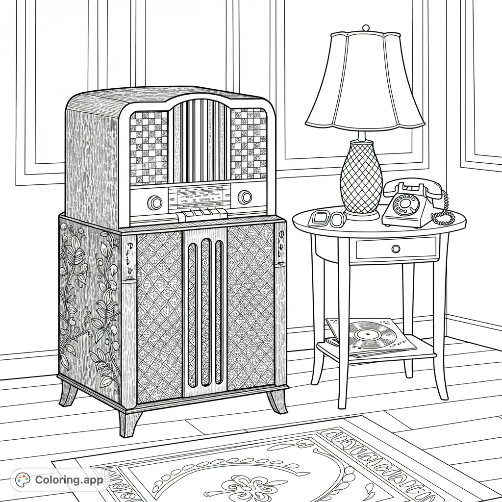 Immerse yourself in nostalgia with this detailed vintage room coloring page, featuring an antique radio, rotary phone, and elegant decor.