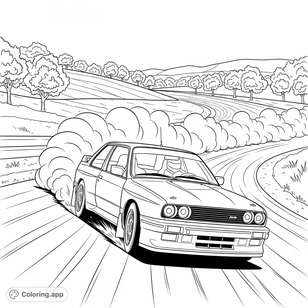 A dynamic coloring page featuring a classic M3 E30-style rally car kicking up dust on a winding dirt track, perfect for car enthusiasts.