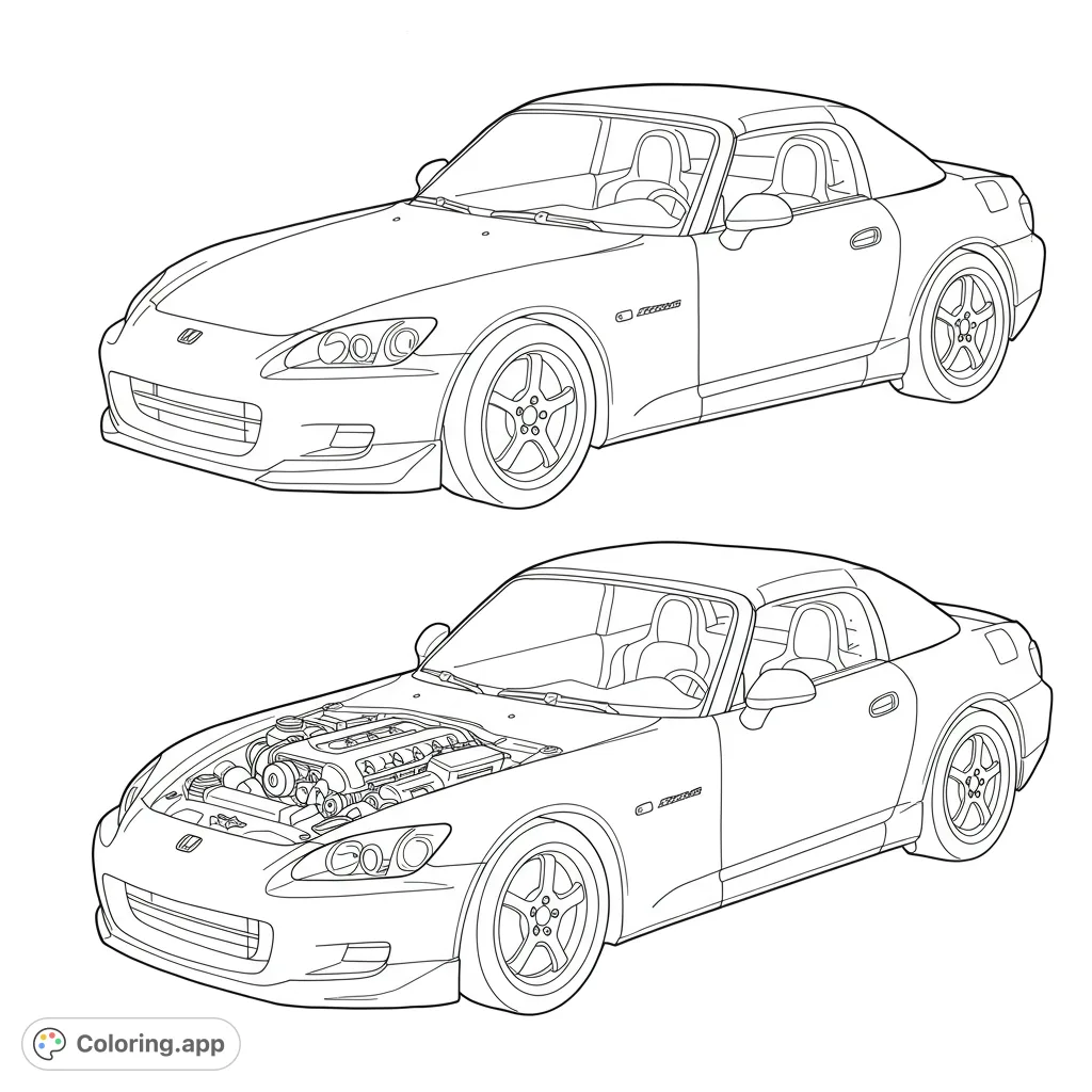 Two detailed sports car views: a sleek exterior and an intricate engine bay. Perfect for car enthusiasts and detailed coloring.