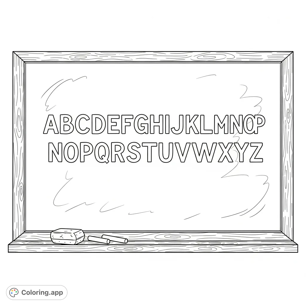 A classic schoolroom blackboard featuring the full alphabet, an eraser, and chalk. Perfect for learning and creative coloring for all ages.