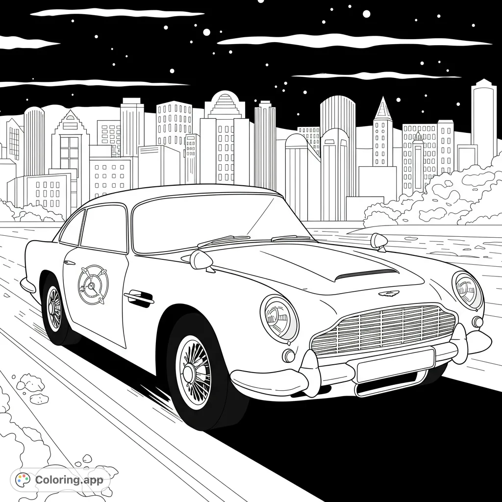 Color a classic sports car speeding through a detailed city skyline under a starry night. A free printable classic car coloring page for all ages.