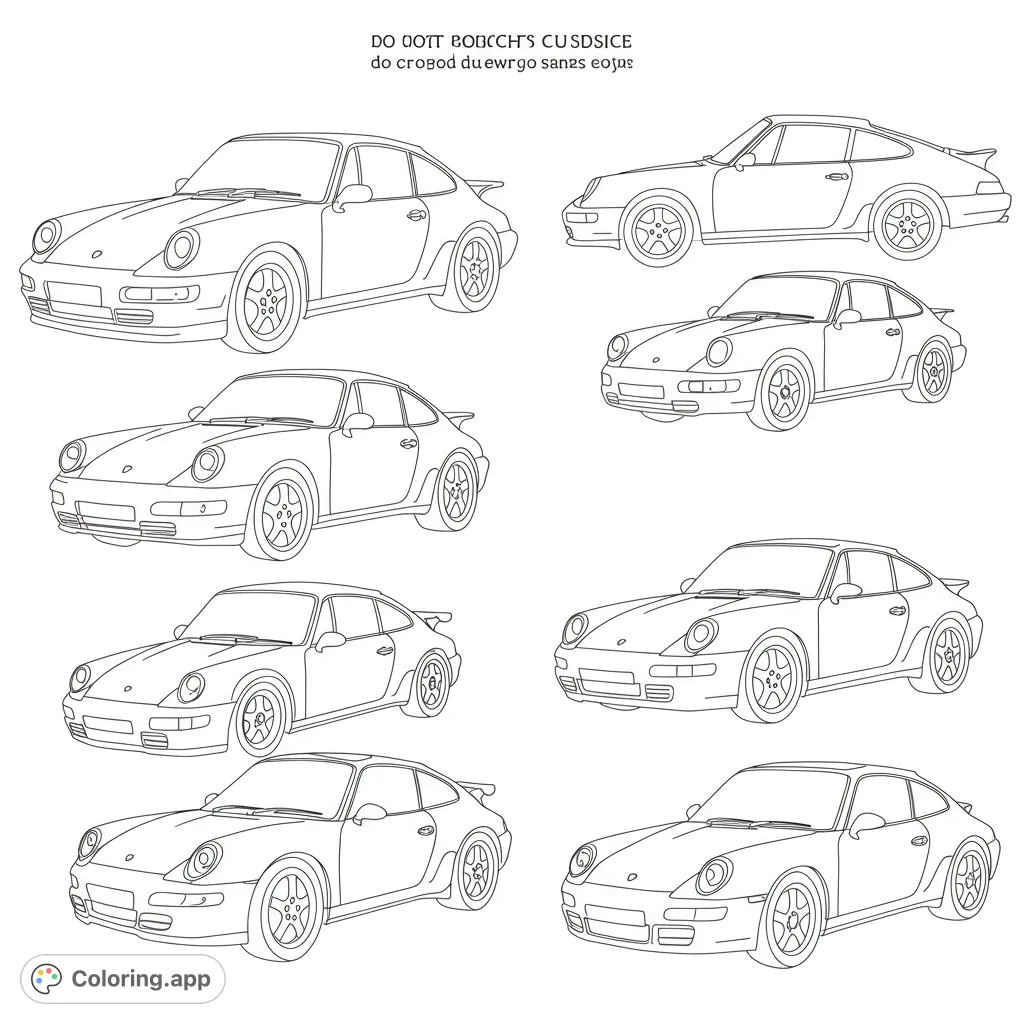 Eight classic sports cars await your creative touch! This detailed car coloring page offers various angles for a dynamic coloring experience.