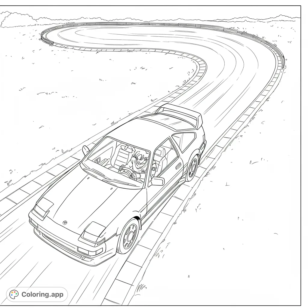 Dynamic classic sports car on a winding track, perfect for car enthusiasts. Free printable car coloring page for all ages to enjoy.