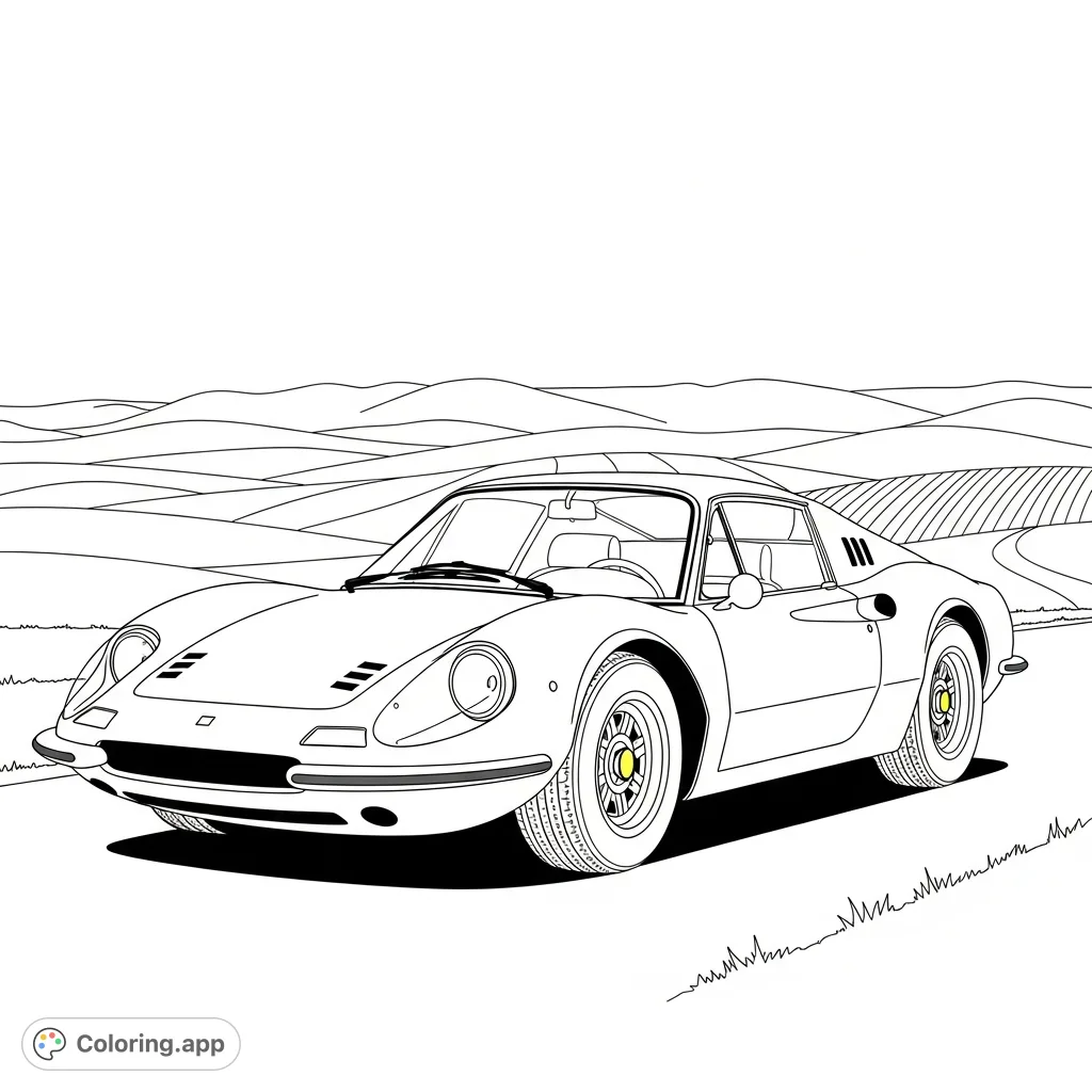 Color a classic sports car, inspired by a Ferrari Dino, parked elegantly against a backdrop of rolling hills and a clear sky, inviting detail.