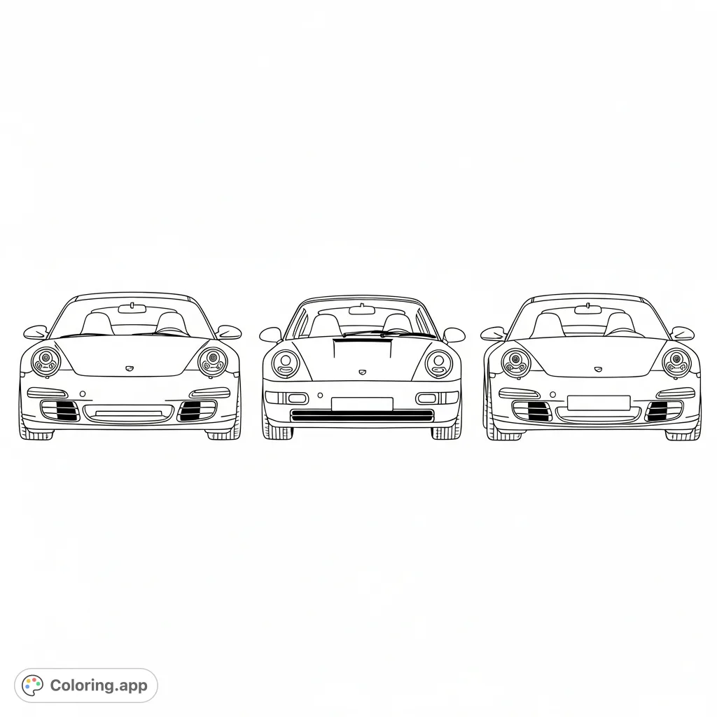 Color a dynamic lineup of three Porsche-inspired sports cars. Focus on sleek lines, headlights, and wheels against a clean, minimal background.