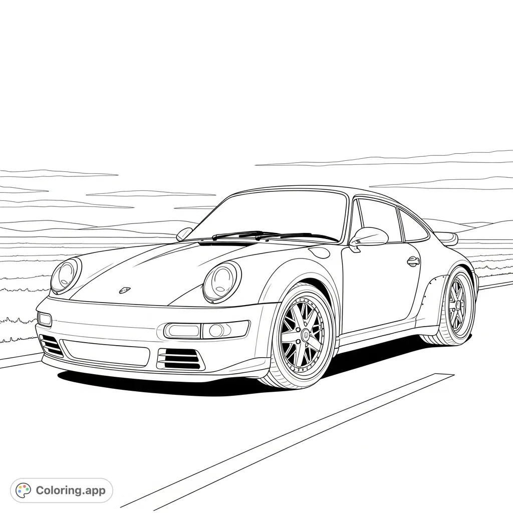 Color a sleek Porsche 911 style sports car in a front three-quarter view, parked on a vast open road with distant hills. Perfect for car enthusiasts!