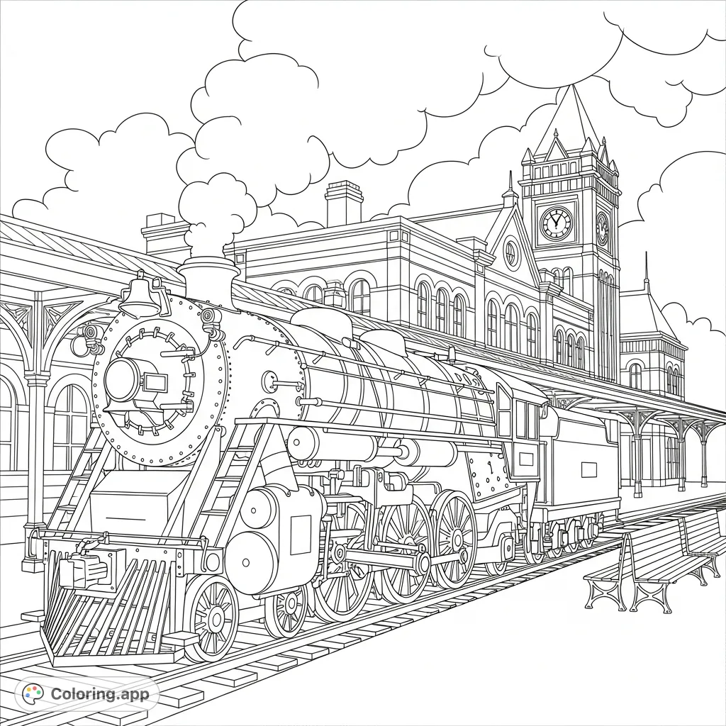 Step back in time with this detailed coloring page featuring a magnificent steam train parked at a beautifully ornate, old-fashioned station with a clock tower.
