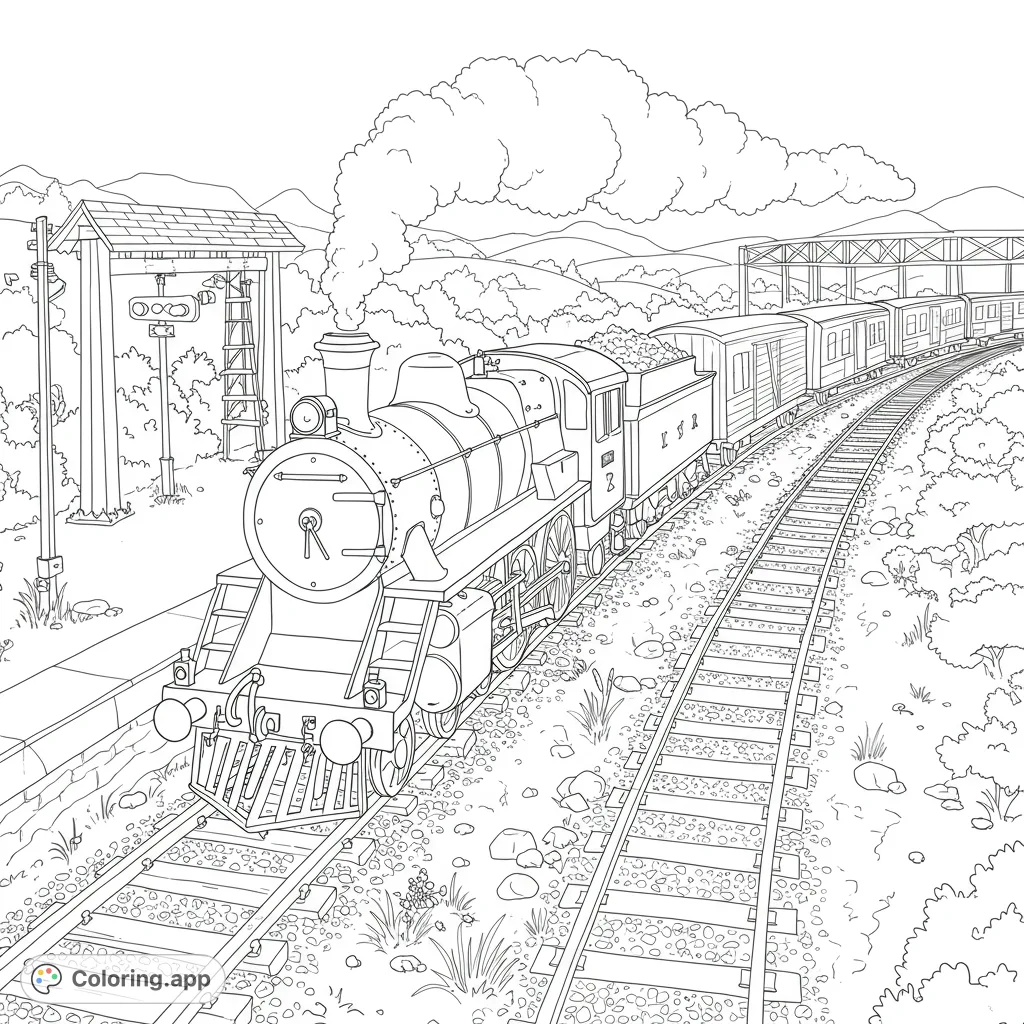 A detailed steam train coloring page, chugging through a scenic mountain landscape with tracks, station, and bridge. Perfect for train enthusiasts.