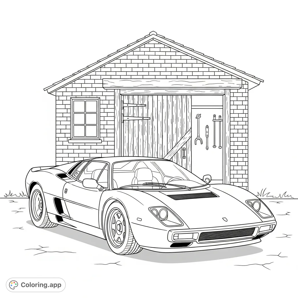 Dive into automotive history! Color a stunning classic supercar parked before a charming vintage garage, a perfect blend of power and nostalgia.