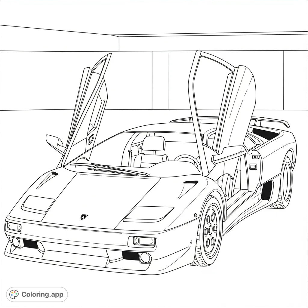 Detailed classic supercar, inspired by the Lamborghini Diablo, featuring iconic open scissor doors and a simplified interior for a fun coloring experience.