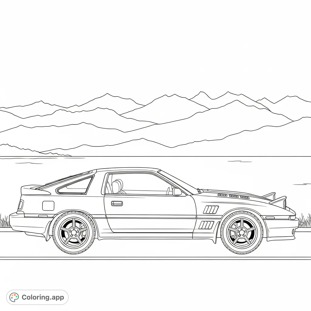Color a classic MK3 Supra parked by a tranquil lake, with majestic mountains in the background. A perfect blend of automotive beauty and serene nature.