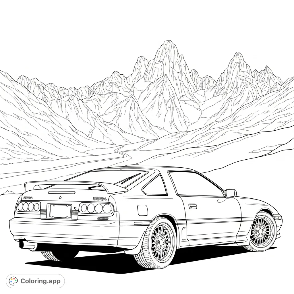 A detailed coloring page featuring a classic MK3 Supra parked majestically with its iconic spoiler and multi-spoke wheels, set against a backdrop of rugged mountains.