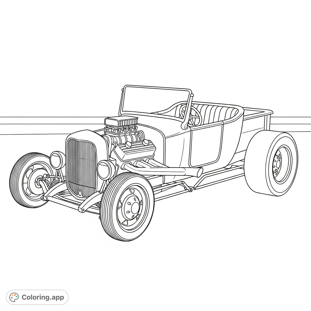 Immerse yourself in the thrill of classic car culture with this hot rod T-bucket coloring page. Features exposed engine pipes and suspension.